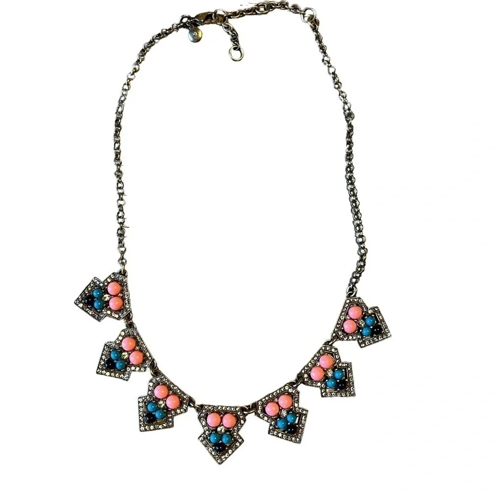 J Crew Antique Look Statement Bib Necklace Gold Peach Blue Rhinestones